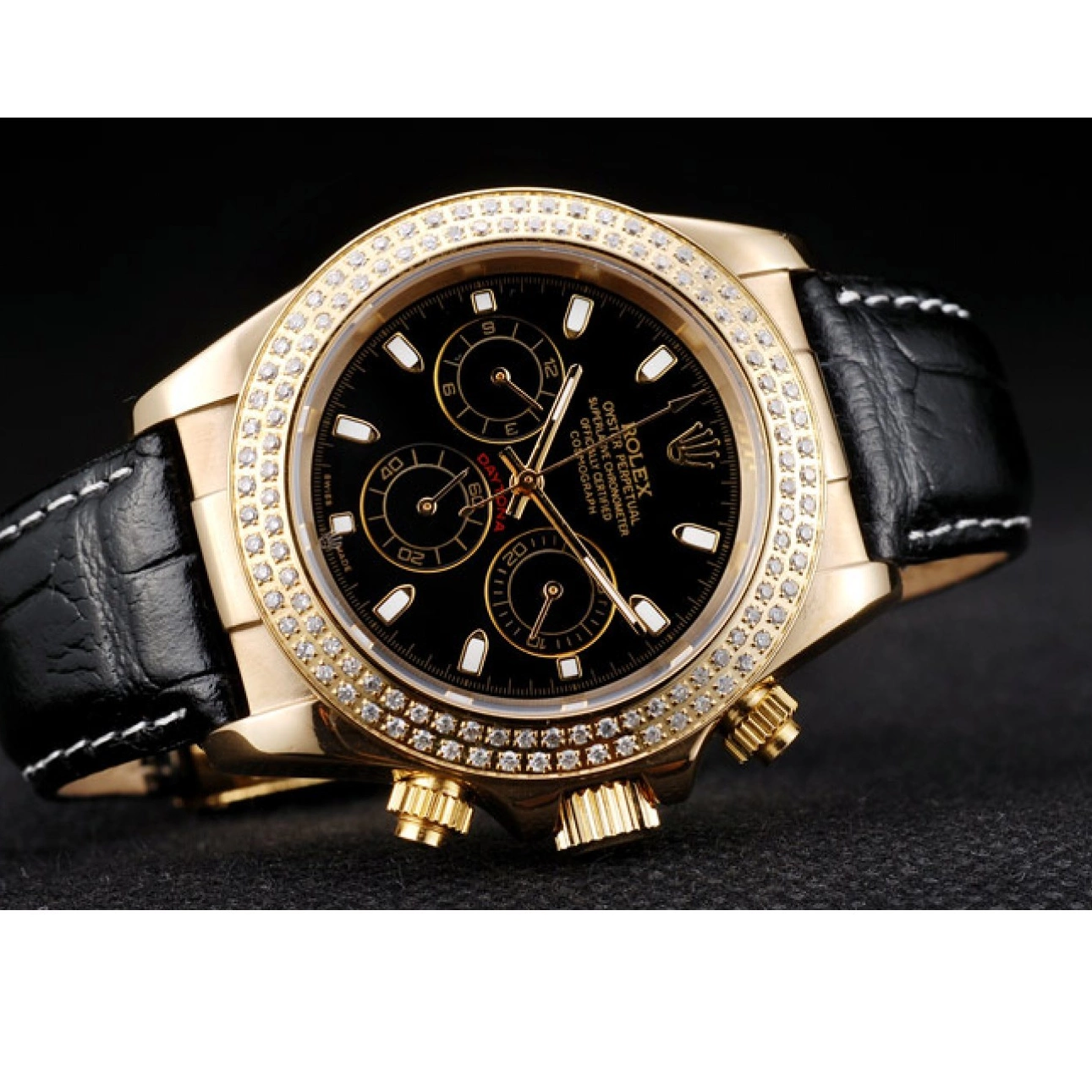 MiroTime 0819 Rolex Daytona Gold Case Crystal Studded Bezel Black Dial